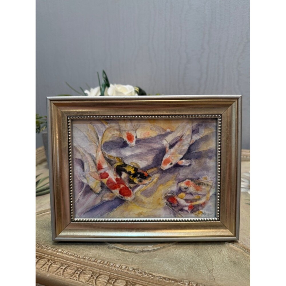 Original Koi Fish Watercolor Painting In Frame Feng Shui Zen Peaceful Calming